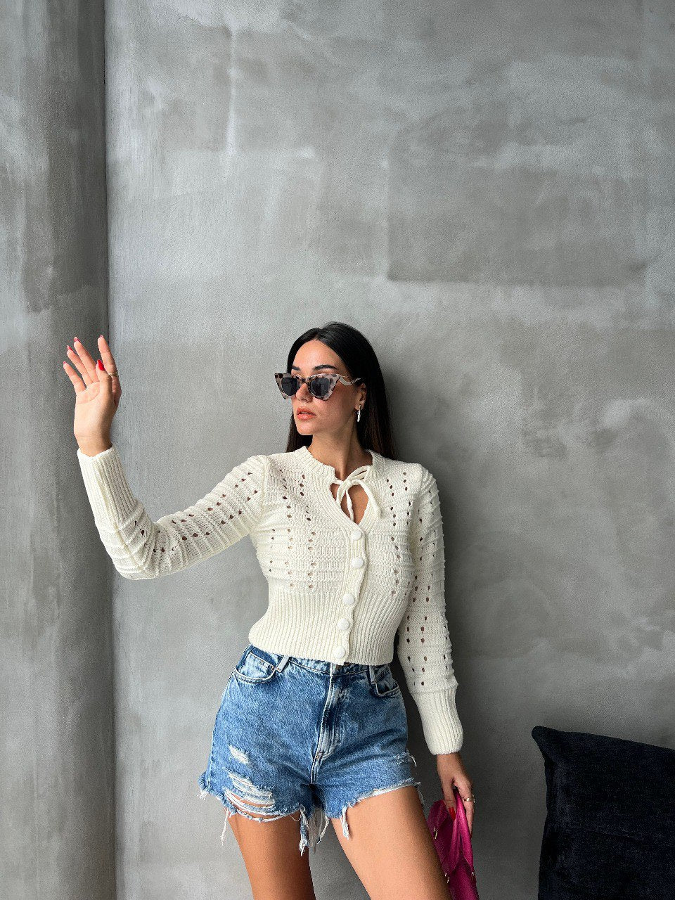 Cardigan en maille ajourée blanche