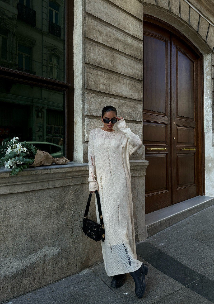 Robe longue tricoté en maille beige