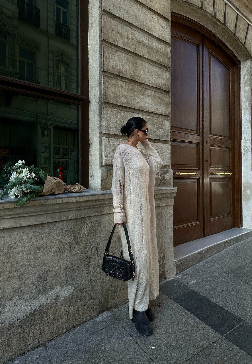 Robe longue tricoté en maille beige