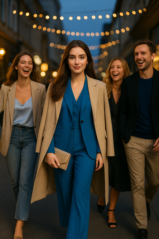Soirée azur en ville ensemble tailleur et manteau long 🎉💙