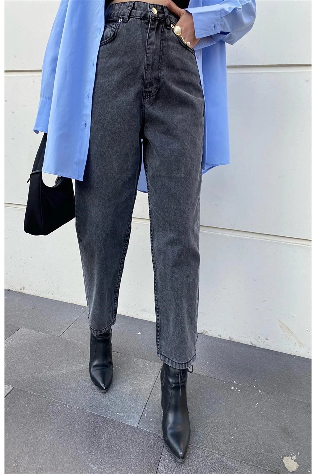 Jeans mom fit gris à taille haute