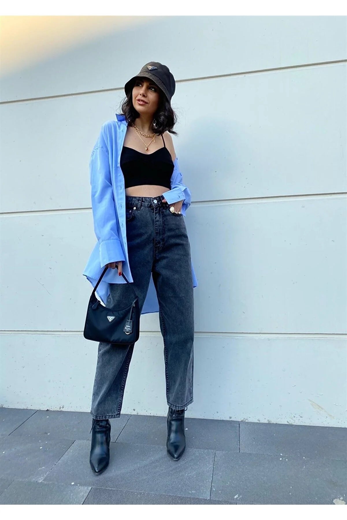 Jeans mom fit gris à taille haute