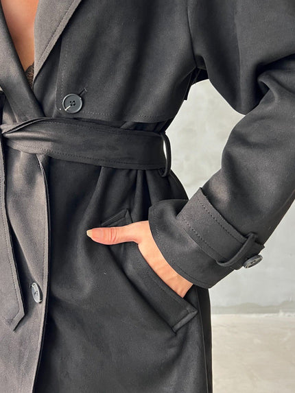 Black Suede Effect Trench Coat