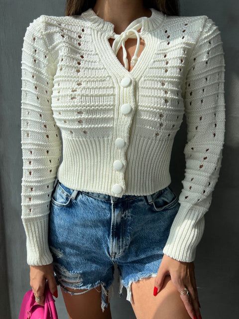 White Openwork Knit Cardigan