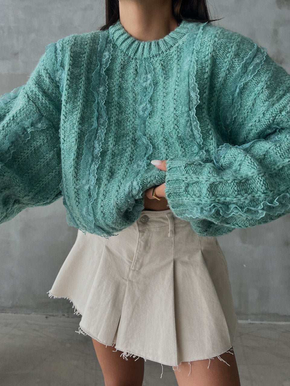 Pull chunky texturé en maille vert d'eau
