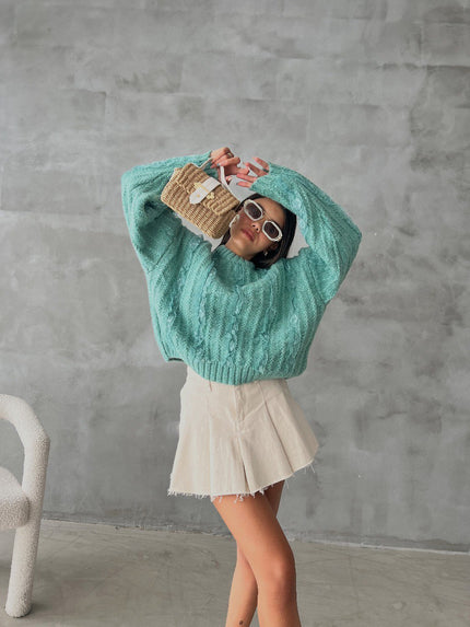 Chunky Textured Mesh Pullover Wassergrün