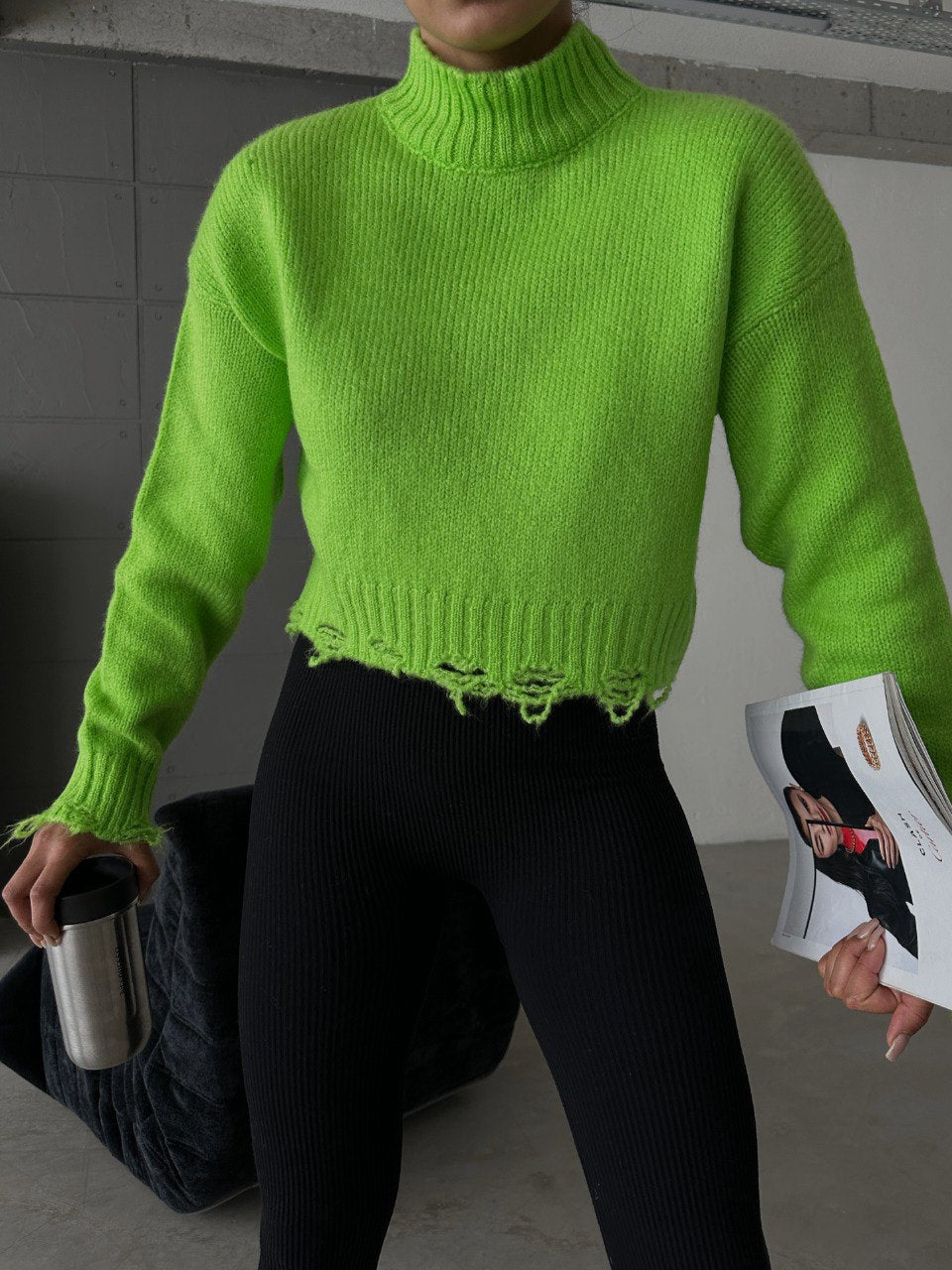Neon Green Ribbed Knit Sweater