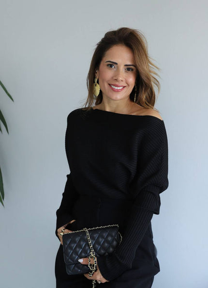 Black Off Shoulder Asymmetrical Sweater