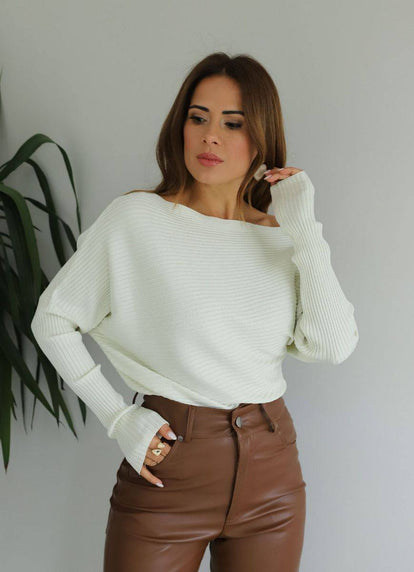 White Off-Shoulder Asymmetrical Sweater