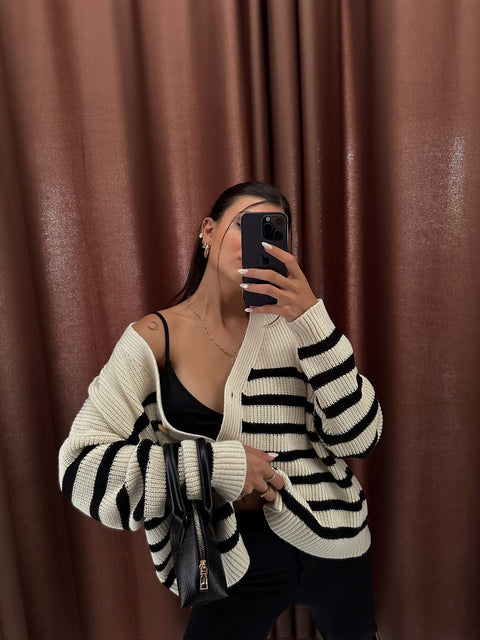 Black and White Striped Cardigan