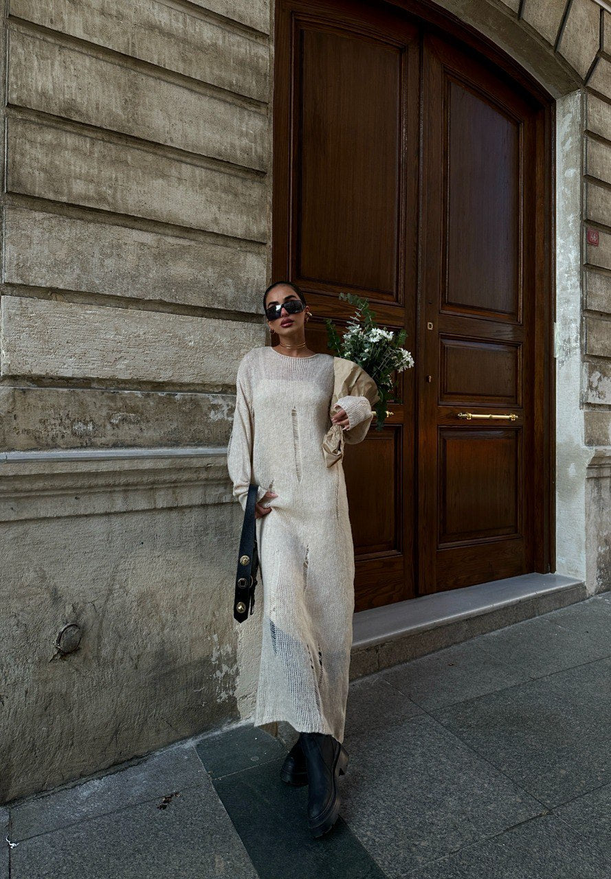 Robe longue tricoté en maille beige