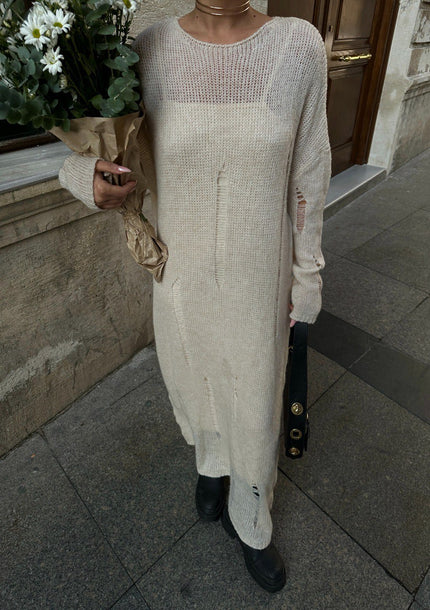 Robe longue tricoté en maille beige