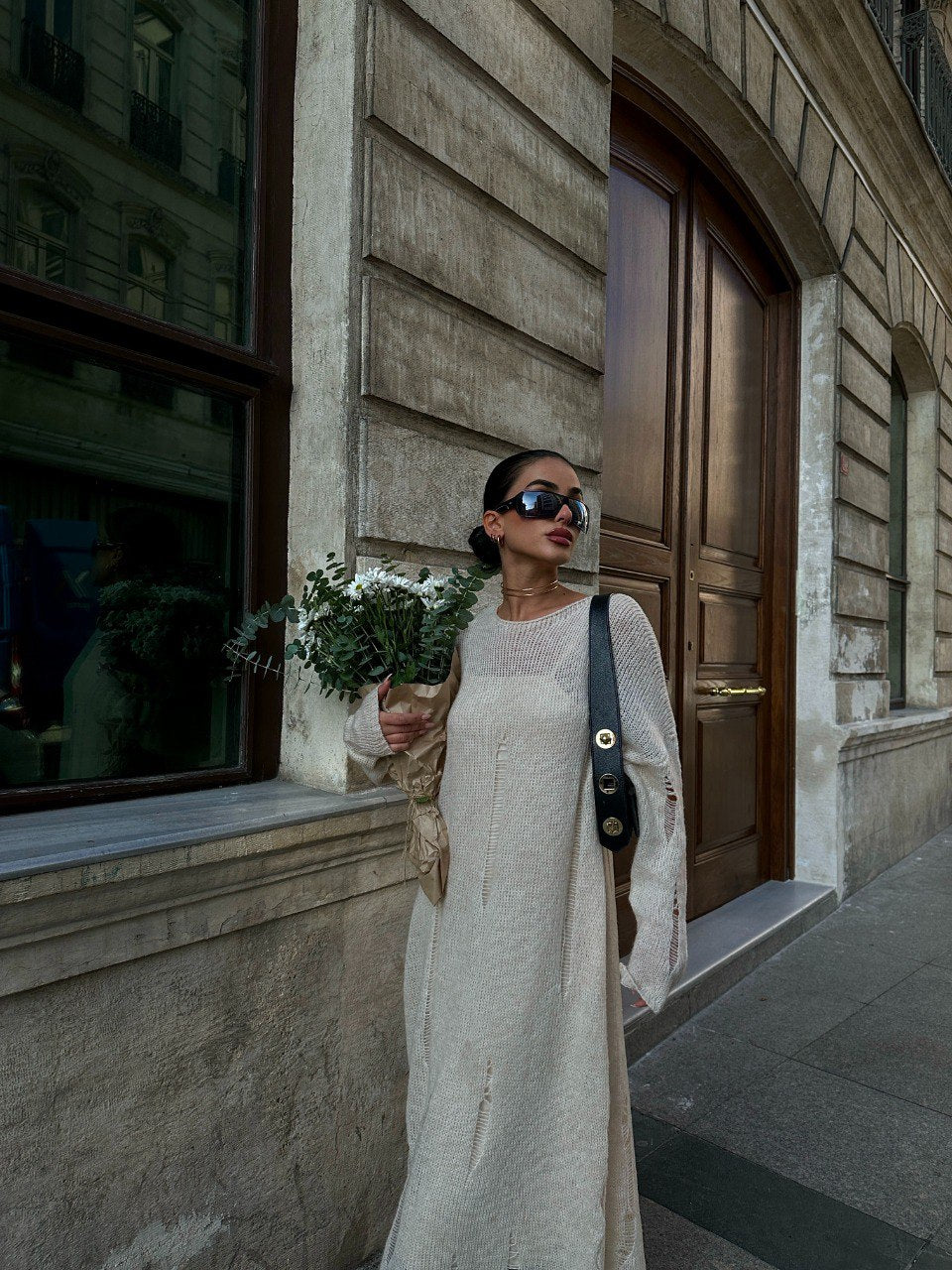 Robe longue tricoté en maille beige