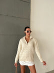Ivory Knit Zip Sweater with Stand Collar