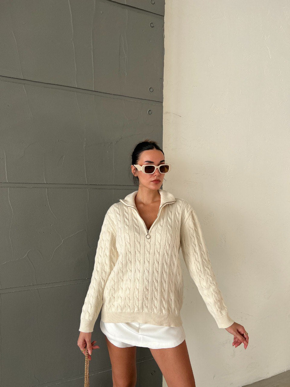 Ivory Knit Zip Sweater with Stand Collar