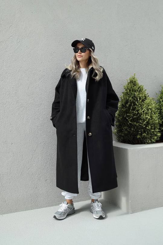 Manteau oversize en laine et coton noir