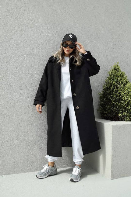 Black Wool and Cotton Oversized Coat