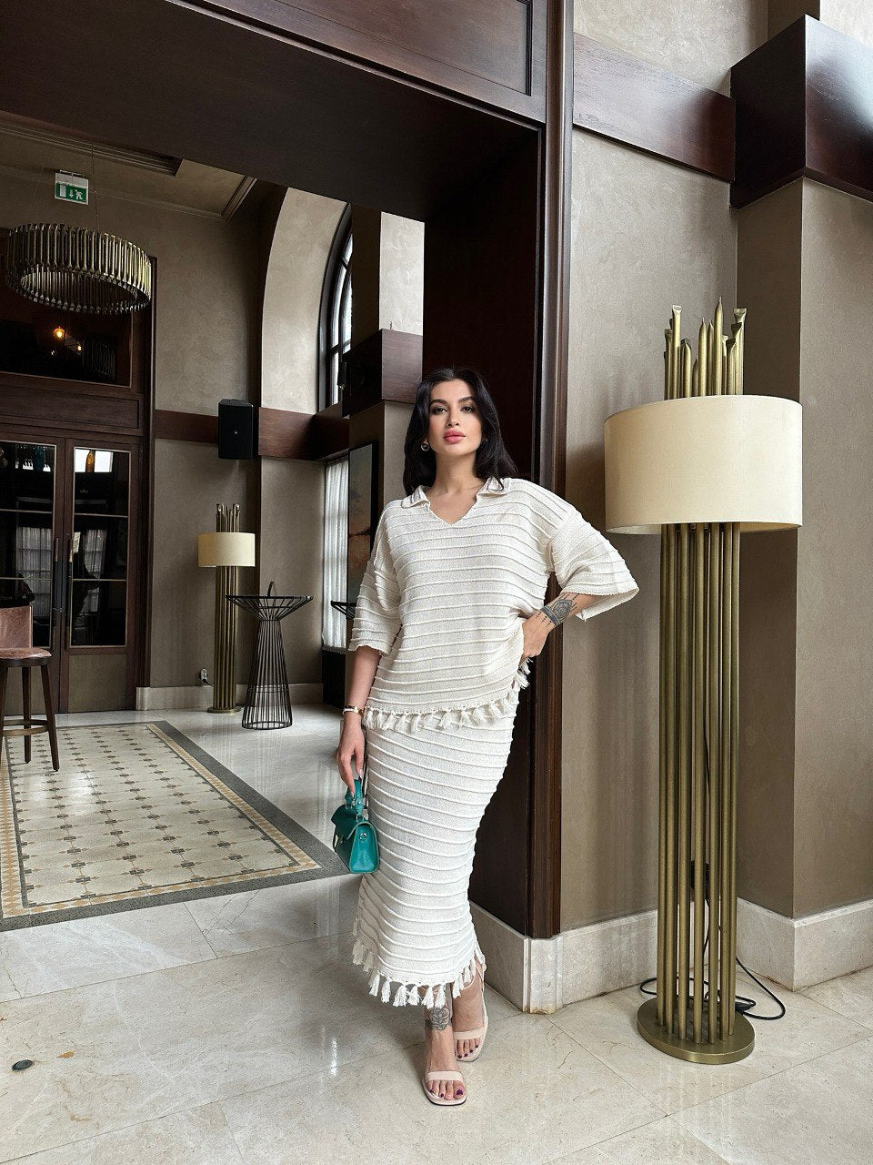 Ensemble coordonné en maille côtelée beige