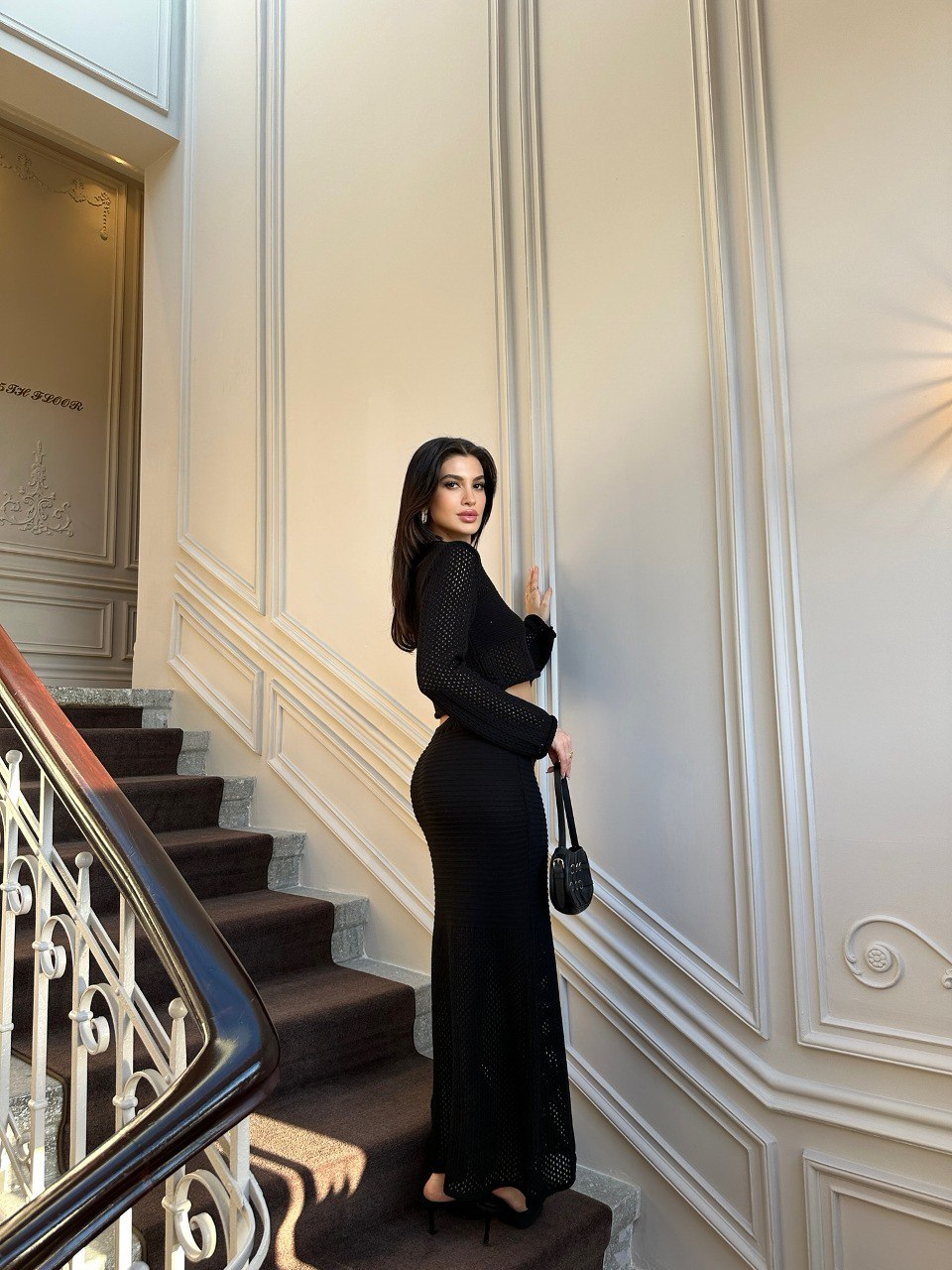 Ensemble crop top et jupe midi en maille noir