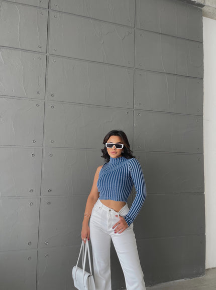 Blue and White Striped One-Sleeve Top