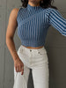 Blue and White Striped One-Sleeve Top