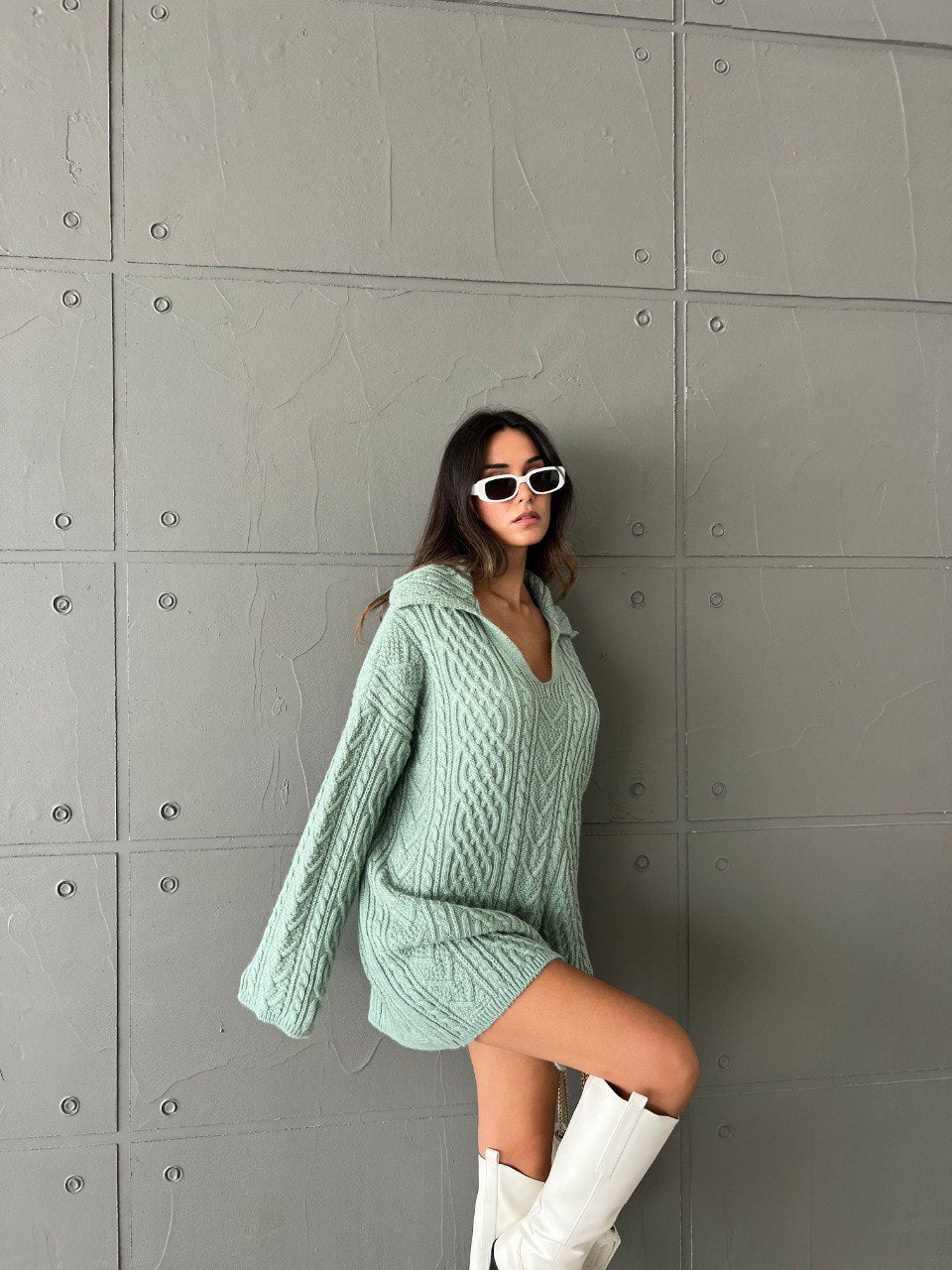 Robe pull en maille vert pastel